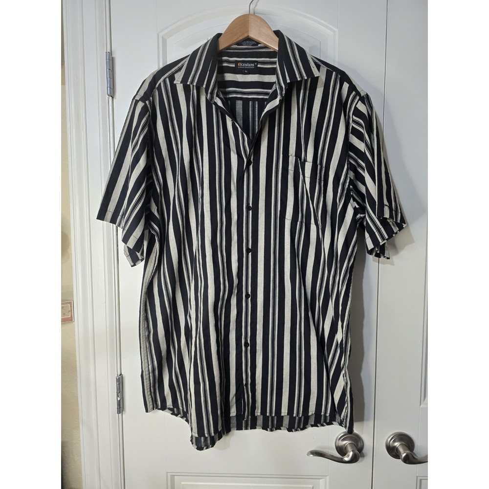 Ekzistens Mens‎ XL Short Sleeve Button Down Shirt Black White Vertical Stripe XL